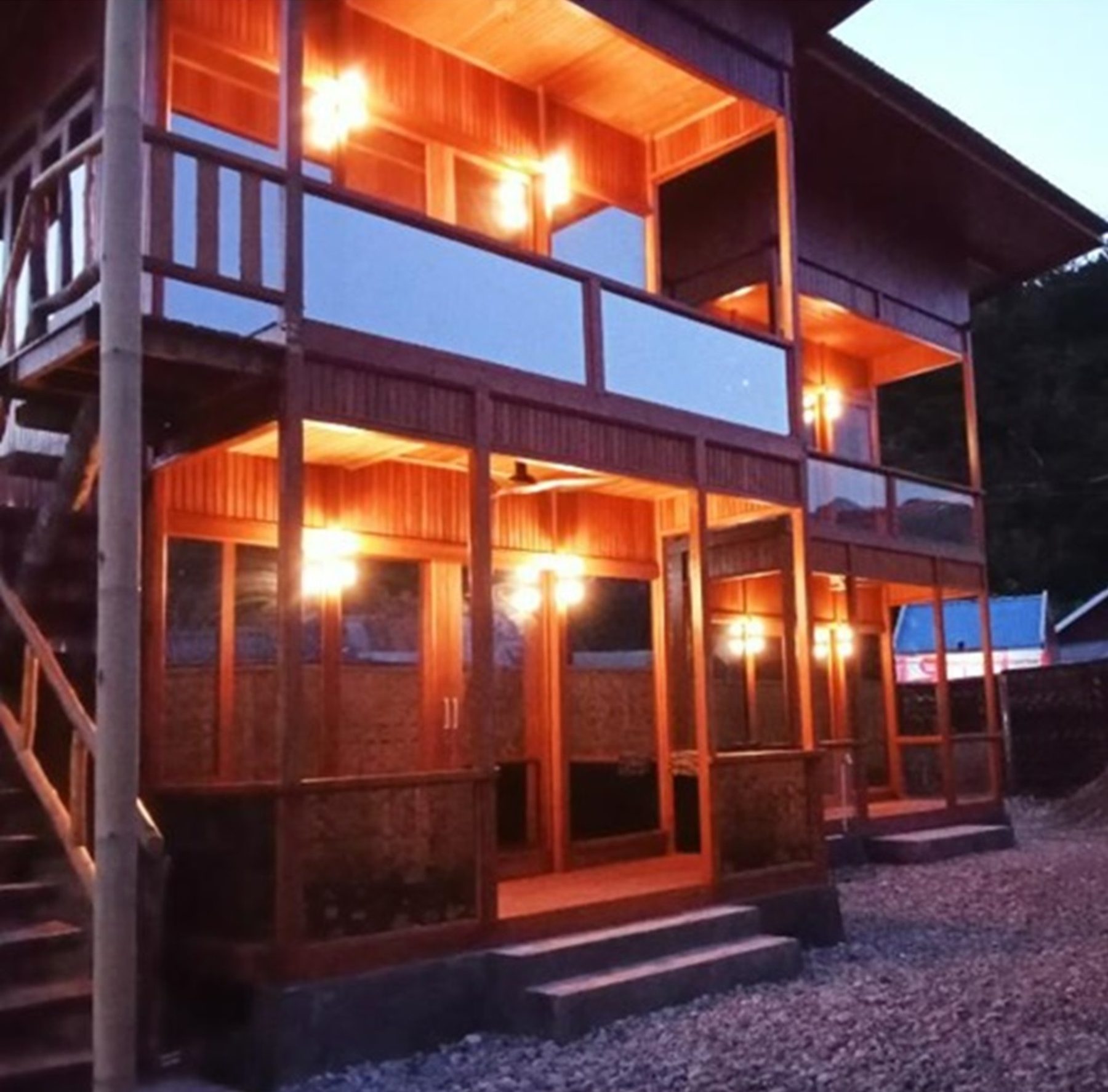 GoRo dive resort lit up at dusk